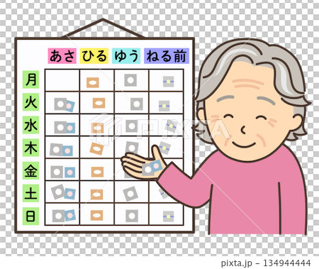 お薬カレンダーを確認して薬を手に取るおばあさん 134944444