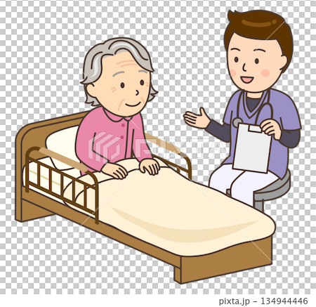 A young male nurse staying by the bedside of an elderly woman 134944446