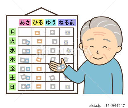 お薬カレンダーを確認して薬を手に取るおじいさん お薬カレンダーを確認して薬を手に取るおじいさん 134944447