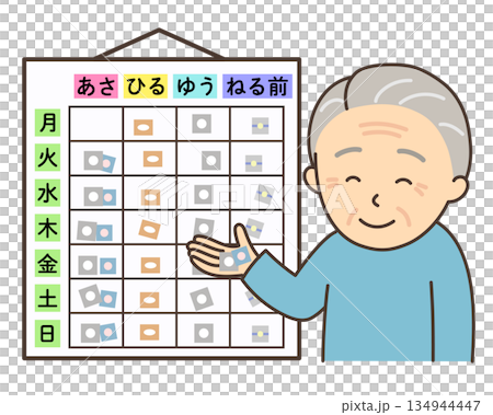 お薬カレンダーを確認して薬を手に取るおじいさん お薬カレンダーを確認して薬を手に取るおじいさん 134944447