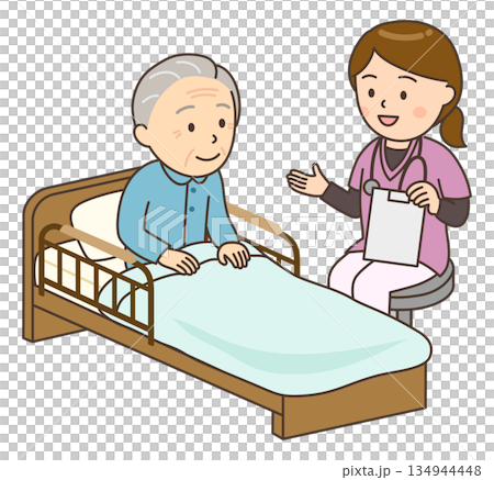 おじいさんとベッドサイドで寄り添う若い女性看護師 134944448