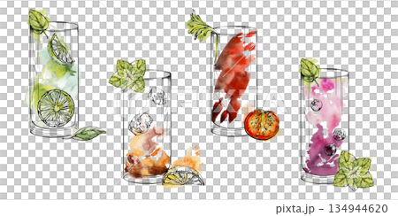 Ink highball collins glasses with lemonade, berry juices or alcoholic cocktails, mint leaves garnish. Refreshing watercolor accents. Hand drawn for summer branding, bar labels, vendor board stickers. 134944620