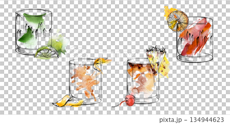 Tumbler glasses set with Caipirinha or absinthe, Old-fashioned, Mai tai and Negroni cocktails, citrus and fruit garnish. Hand drawn in watercolor and ink for invitations, posters, bar and party menus. Tumbler glasses set with Caipirinha or absinthe, Old-fashioned, Mai tai and Negroni cocktails, citrus and fruit garnish. Hand drawn in watercolor and ink for invitations, posters, bar and party menus. 134944623