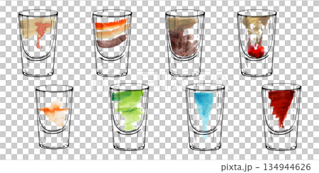 Mix of strong alcoholic beverages and cocktails, lemonade, energy drinks. Shot glasses set in neon watercolor shades with ink glasses outlines hand drawn for bar signage, flyers, celebration prints. 134944626