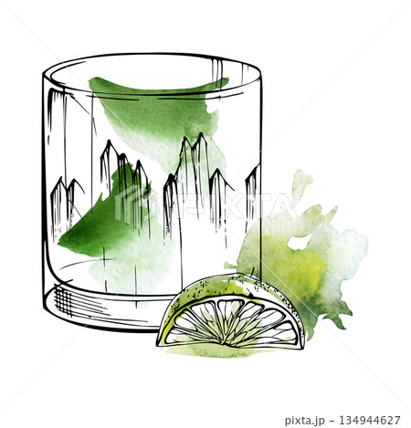 Classic green Caipirinha cocktail, absinthe with lime slice in tumbler crystal glass. Watercolor and ink blend illustration for Brazilian bar prints, digital menu backgrounds, mixology course coupons Classic green Caipirinha cocktail, absinthe with lime slice in tumbler crystal glass. Watercolor and ink blend illustration for Brazilian bar prints, digital menu backgrounds, mixology course coupons 134944627