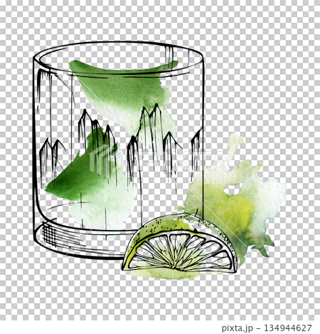 Classic green Caipirinha cocktail, absinthe with lime slice in tumbler crystal glass. Watercolor and ink blend illustration for Brazilian bar prints, digital menu backgrounds, mixology course coupons Classic green Caipirinha cocktail, absinthe with lime slice in tumbler crystal glass. Watercolor and ink blend illustration for Brazilian bar prints, digital menu backgrounds, mixology course coupons 134944627