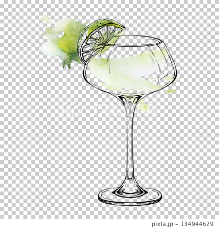 Classic white rum Daiquiri cocktail, clear vodka or martini alcohol in tall coupe glass, lime slice rim garnish. Isolated watercolor and ink illustration for recipe cards, posters, and digital prints. Classic white rum Daiquiri cocktail, clear vodka or martini alcohol in tall coupe glass, lime slice rim garnish. Isolated watercolor and ink illustration for recipe cards, posters, and digital prints. 134944629