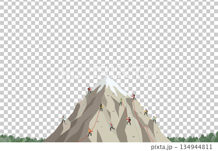 ロープを使って絶壁を登る人々のフラットデザインイラスト 134944811