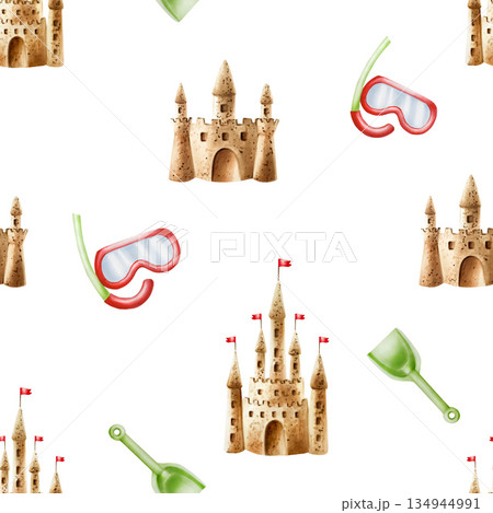 Sand castle and red flag. Watercolor hand drawn kids play in the sandbox illustration isolated on background. For designers, postcards, greetings, birthday, calendar, wallpapers, wrapping paper Sand castle and red flag. Watercolor hand drawn kids play in the sandbox illustration isolated on background. For designers, postcards, greetings, birthday, calendar, wallpapers, wrapping paper 134944991