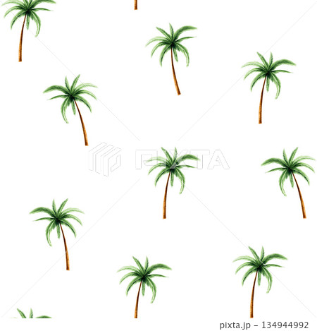 Green palm tree seamless pattern. Coconut tree clipart. Watercolor hand drawn floral jungle illustration isolated on background. For designers, postcards, greetings, birthday, calendar, wallpapers 134944992