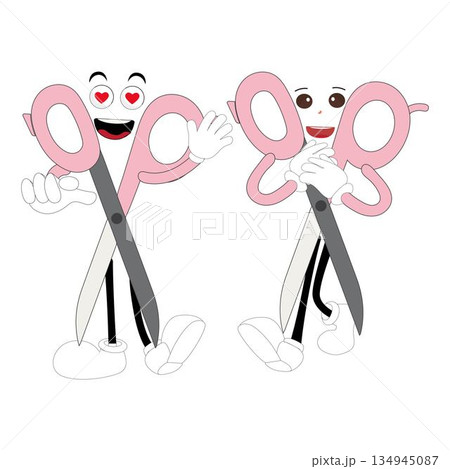 Cute scissors mascot character with funny facial expressions. Cartoon style illustration isolated on white background, suitable for education, craft, DIY, stationery, children, and creative design 134945087