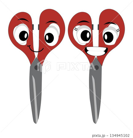 Cute scissors mascot character with funny facial expressions. Cartoon style illustration isolated on white background, suitable for education, craft, DIY, stationery, children, and creative design 134945102