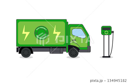 Electric Delivery Truck Charging at EV Station Flat Vector Illustration Electric Delivery Truck Charging at EV Station Flat Vector Illustration 134945182