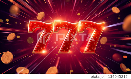 輝くスリーセブンと弾けるコインのイラスト 134945215