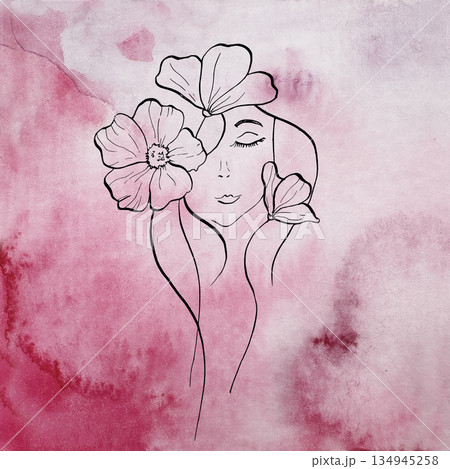 Elegant female face with delicate chrysanthemum, osteospermum, chamomile begonia, aster, eustoma, rosehip. Hand painted watercolor red background, linear contour flower isolated. Botanical, tattoo and 134945258