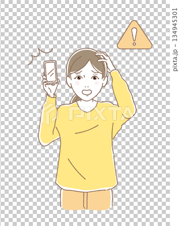 Woman in a panic holding a smartphone Woman in a panic holding a smartphone 134945301