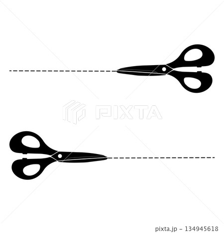 Scissor, trim line icon. paper cut sign. Scissors cutting dotted lines isolated on white background. Tailor Scissors with Curved Cut Path Scissor, trim line icon. paper cut sign. Scissors cutting dotted lines isolated on white background. Tailor Scissors with Curved Cut Path 134945618