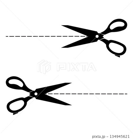 Scissor, trim line icon. paper cut sign. Scissors cutting dotted lines isolated on white background. Tailor Scissors with Curved Cut Path Scissor, trim line icon. paper cut sign. Scissors cutting dotted lines isolated on white background. Tailor Scissors with Curved Cut Path 134945621