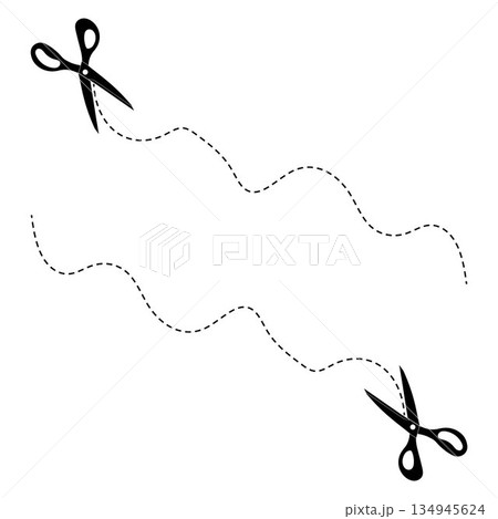 Scissor, trim line icon. paper cut sign. Scissors cutting dotted lines isolated on white background. Tailor Scissors with Curved Cut Path 134945624