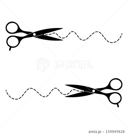 Scissor, trim line icon. paper cut sign. Scissors cutting dotted lines isolated on white background. Tailor Scissors with Curved Cut Path 134945626