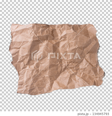 A crumpled and torn piece of brown craft paper with a rough texture, isolated on a transparent background. Useful for grunge backgrounds or textured overlays. 134945793