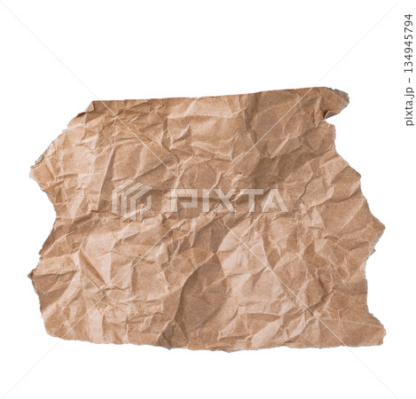 A crumpled and torn piece of brown craft paper with a rough texture, isolated on a transparent background. Evokes vintage or grunge themes. A crumpled and torn piece of brown craft paper with a rough texture, isolated on a transparent background. Evokes vintage or grunge themes. 134945794