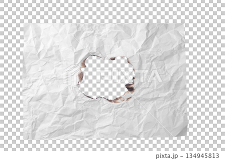 A roughly torn hole in a piece of crumpled white paper, revealing the background. A versatile design element symbolizing emptiness or revelation. On a transparent background. A roughly torn hole in a piece of crumpled white paper, revealing the background. A versatile design element symbolizing emptiness or revelation. On a transparent background. 134945813