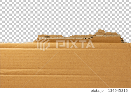 Several pieces of brown corrugated cardboard stacked together, showing various torn edges and layers. Great for a grunge or industrial design element. On a transparent background. 134945816