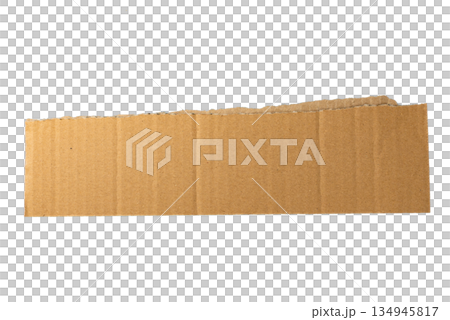 A horizontal piece of brown corrugated cardboard with a natural torn edge, perfect for banners, backgrounds, or a rustic design aesthetic. On a transparent background. 134945817