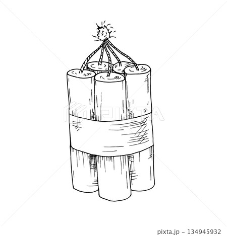 Vector burning bomb. Hand painted linear depicting explosives and detonation illustration. Graphic monochrome sketch isolated on background. For designers, prints, logo, icon, menu, postcards, holiday 134945932