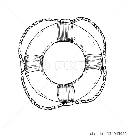 Vector lifebuoy. Hand painted linear Safety and Rescue Equipment illustration. Graphic monochrome sketch isolated on background. For designers, prints, logo, icon, menu, postcards, holiday, covers 134945933