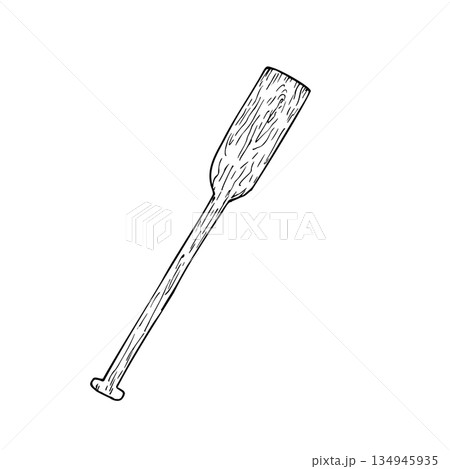 Vector wood paddle. Hand painted linear canoe oar illustration. Graphic monochrome sketch isolated on background. For designers, prints, logo, icon, menu, postcards, holiday, covers Vector wood paddle. Hand painted linear canoe oar illustration. Graphic monochrome sketch isolated on background. For designers, prints, logo, icon, menu, postcards, holiday, covers 134945935