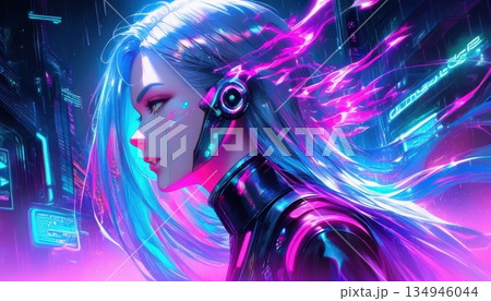 Futuristic woman with cybernetic implants and glowing energy hair in rain 134946044