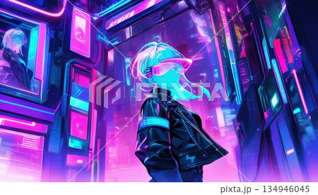 Stylish cyber girl wearing neon visor in a futuristic digital city street 134946045