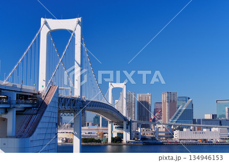 東京湾 レインボーブリッジと海岸の風景 東京湾 レインボーブリッジと海岸の風景 134946153