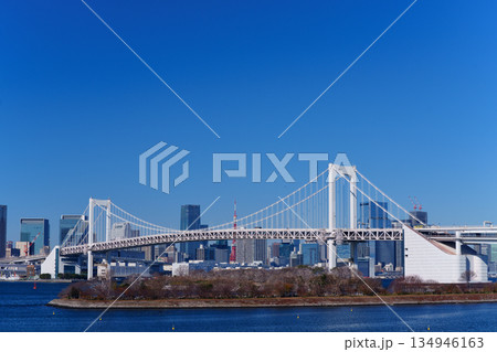 東京湾 レインボーブリッジと海岸の風景 東京湾 レインボーブリッジと海岸の風景 134946163