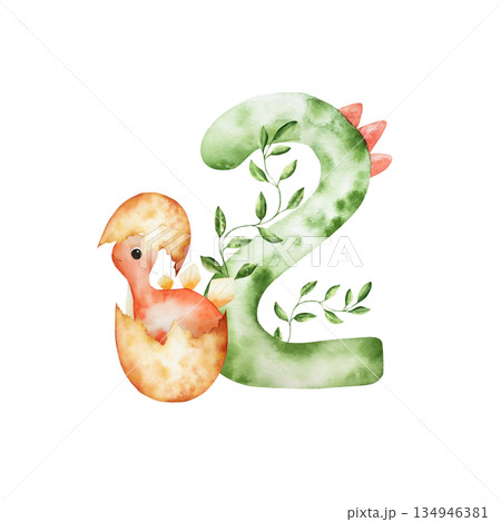 Cute dinosaur hatched from an egg, number two with triceratops. Watercolor hand drawn prehistoric Spinosaurus, Brachiosaurus animal. Isolated illustration on transparent background. Perfect for for 134946381