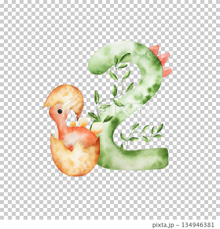Cute dinosaur hatched from an egg, number two with triceratops. Watercolor hand drawn prehistoric Spinosaurus, Brachiosaurus animal. Isolated illustration on transparent background. Perfect for for 134946381