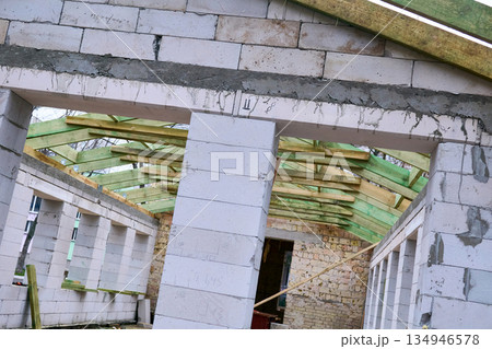 Construction site.New building extension from aerated concrete blocks 134946578