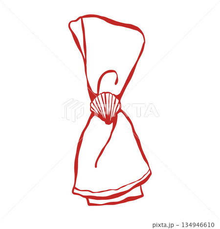 Hand-drawn napkin with a shell in a retro vintage style. Illustration in a flirty doodle style. Wedding in a nautical Italian style. Vector outline illustration 134946610