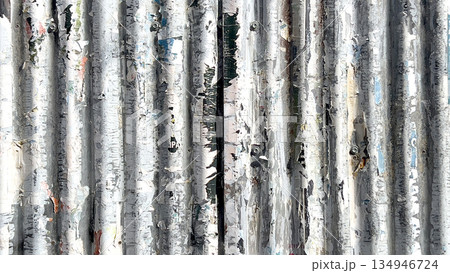 Corrugated metal wall showing peeling paint and old posters Corrugated metal wall showing peeling paint and old posters 134946724