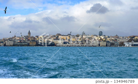 Istanbul cityscape with galata tower along bosphorus on cloudy day Istanbul cityscape with galata tower along bosphorus on cloudy day 134946789