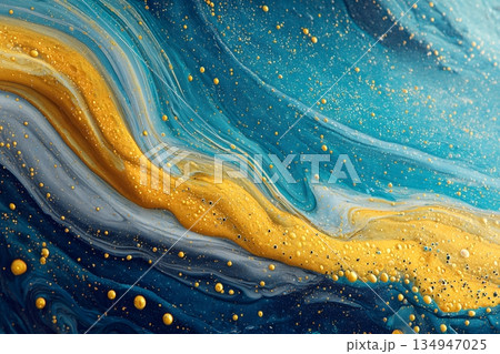 ブルーとゴールドが交錯する抽象リキッドアート ブルーとゴールドが交錯する抽象リキッドアート 134947025