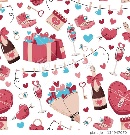 Seamless Pattern With Gift Box, Champagne, Bouquet And Hearts In Flat Style. Ultimate Valentine's Day Celebration Texture For Fabric, Background, Packaging, Wallpaper And Surface Design. Seamless Pattern With Gift Box, Champagne, Bouquet And Hearts In Flat Style. Ultimate Valentine's Day Celebration Texture For Fabric, Background, Packaging, Wallpaper And Surface Design. 134947070