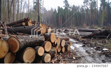 森林で積み重ねられた伐採丸太2 134947087