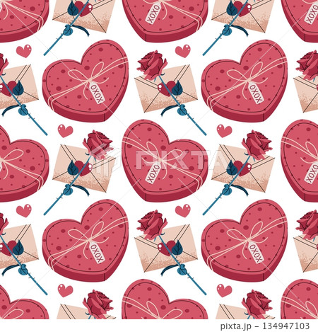 Seamless Pattern With Heart-Shaped Box, Rose And Love Letter Envelope In Flat Style. Classic Valentine's Day Gift Texture For Fabric, Background, Packaging, Wallpaper And Surface Design Seamless Pattern With Heart-Shaped Box, Rose And Love Letter Envelope In Flat Style. Classic Valentine's Day Gift Texture For Fabric, Background, Packaging, Wallpaper And Surface Design 134947103