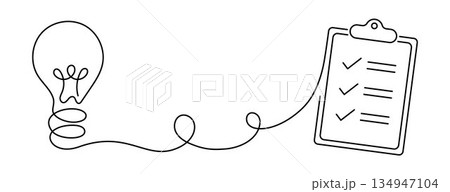 Light bulb connected to checklist symbolizing completed idea, solution and task management. Minimalist continuous line art concept for productivity, planning, success and problem solving Light bulb connected to checklist symbolizing completed idea, solution and task management. Minimalist continuous line art concept for productivity, planning, success and problem solving 134947104