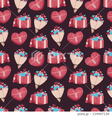Seamless Pattern With Flower Bouquet, Gift Box And Hearts In Flat Style. Classic Valentine's Day Present Texture For Fabric, Background, Packaging, Wallpaper And Surface Design. Perfect Gift Concept. Seamless Pattern With Flower Bouquet, Gift Box And Hearts In Flat Style. Classic Valentine's Day Present Texture For Fabric, Background, Packaging, Wallpaper And Surface Design. Perfect Gift Concept. 134947130