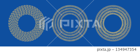 Concentric gold line radial circles, suns, starbursts. Abstract bohemian style decorative geometric shapes. Retro vector icon. 134947354