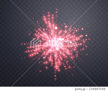 Red sunlight lens flare, sun flash with rays and spotlight. Glowing burst explosion on a transparent background. Vector illustration. 134947548